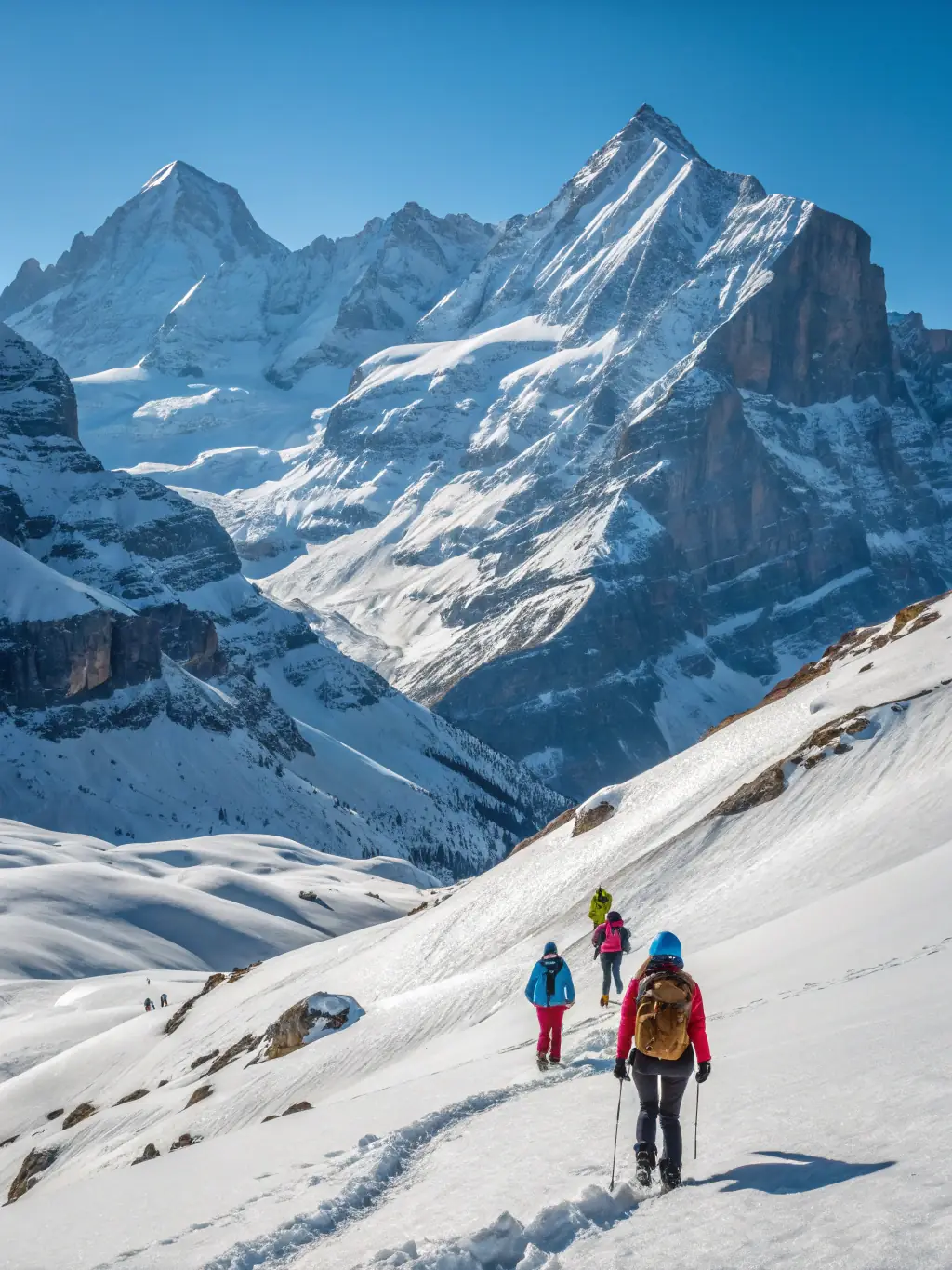 A group of hikers ascending a snowy mountain trail, sunlight glinting off the snow, showcasing the association's winter hiking program.