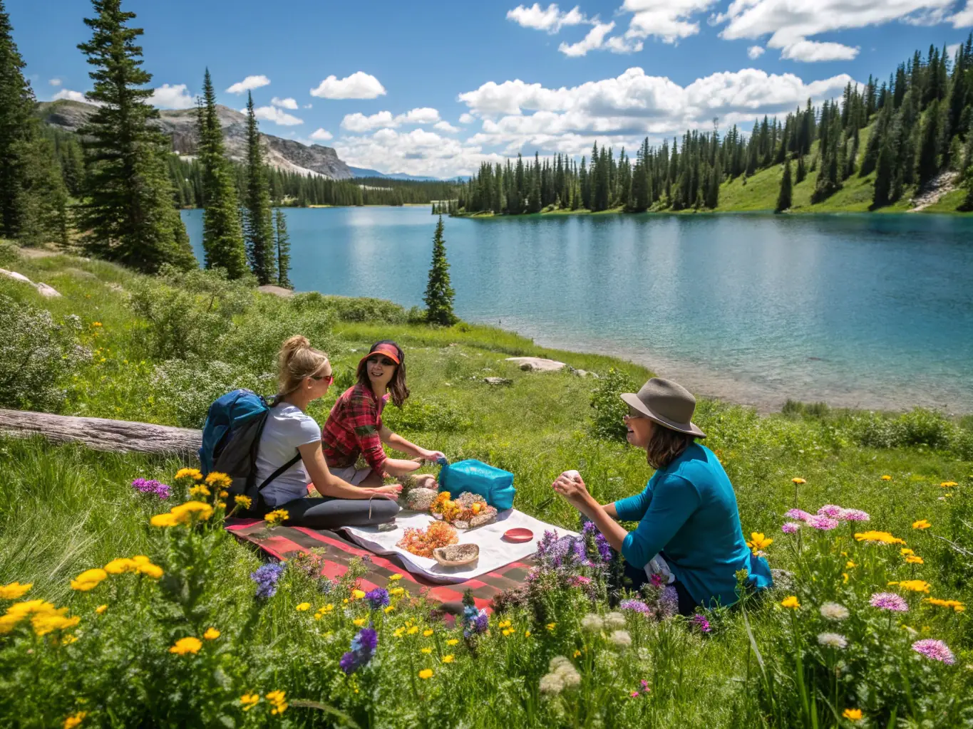 A group of hikers smiling and taking a break on a mountain trail, surrounded by lush greenery and clear blue skies, showcasing the joy and camaraderie of the Outdoor Activities Program.