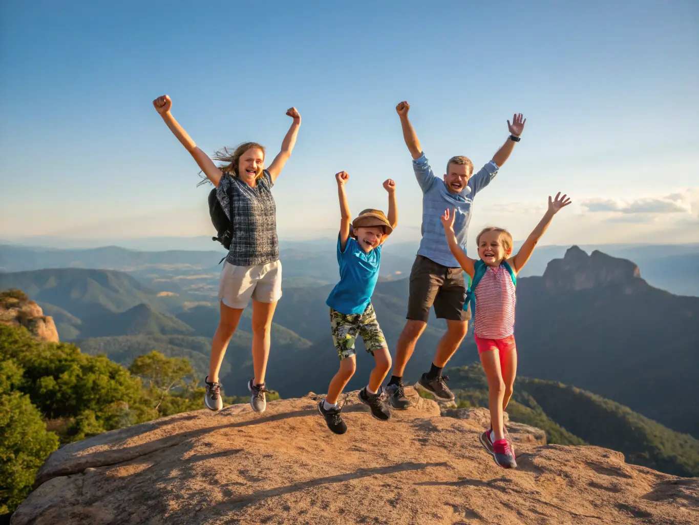 A family is standing at the summit of a mountain, taking in the panoramic view of the surrounding landscape. The image should convey a sense of accomplishment, wonder, and appreciation for the natural world.