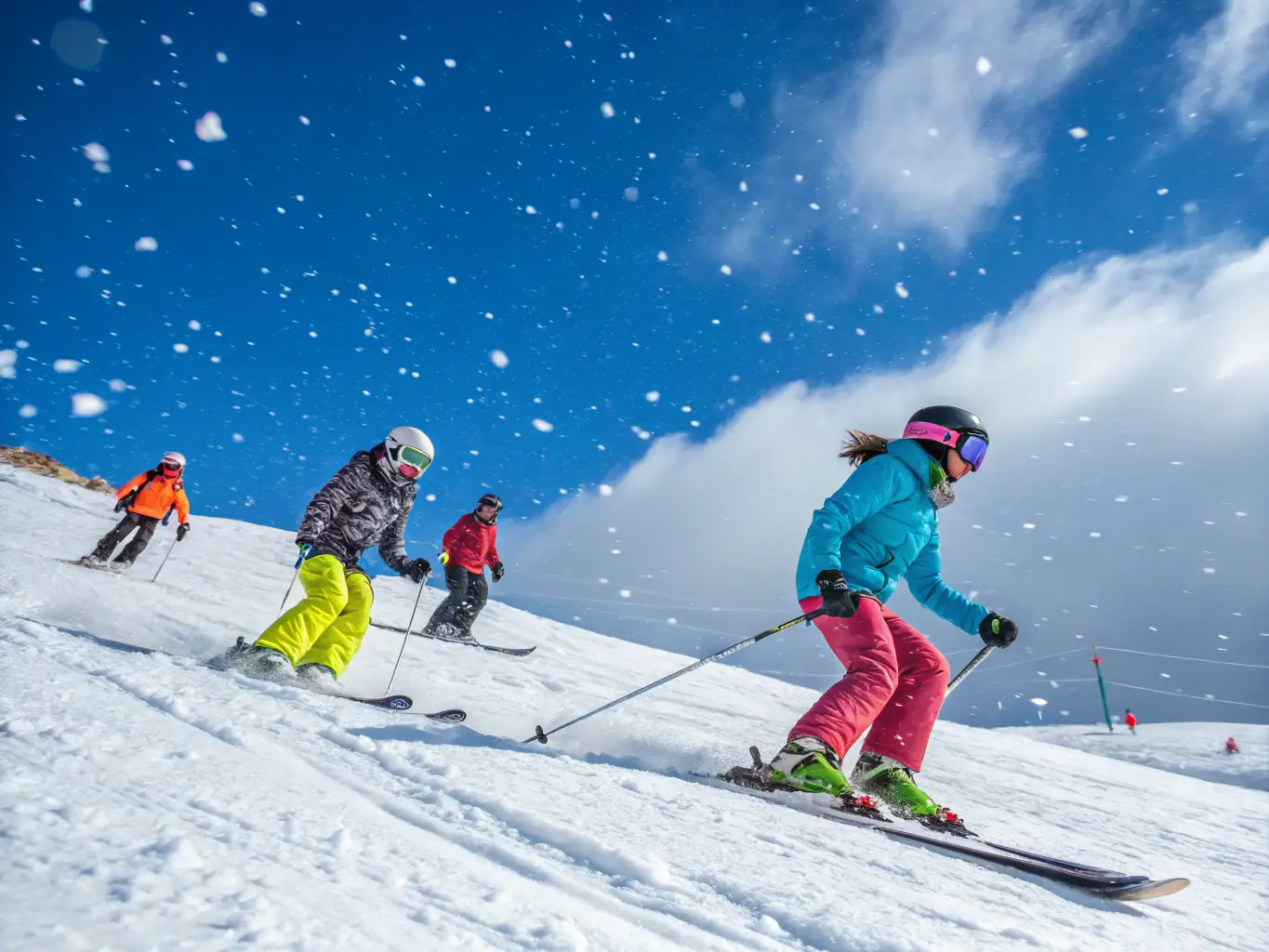 A group of skiers gliding down a snow-covered slope, with majestic snow-capped mountains in the background, illustrating the excitement and adventure of the Skiing Excursions.