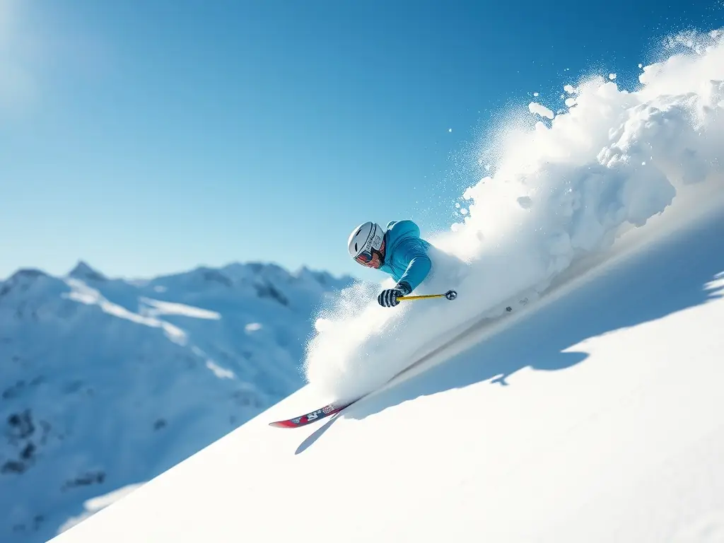 A person is smiling while skiing down a snow-covered slope, with a backdrop of majestic, snow-capped mountains and a clear blue sky. The image should evoke feelings of exhilaration, freedom, and connection with nature.