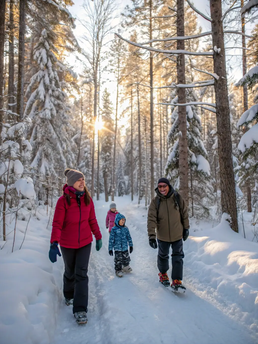 A family cross-country skiing through a forest, with a focus on the joy and togetherness of the activity, representing the association's family skiing program.