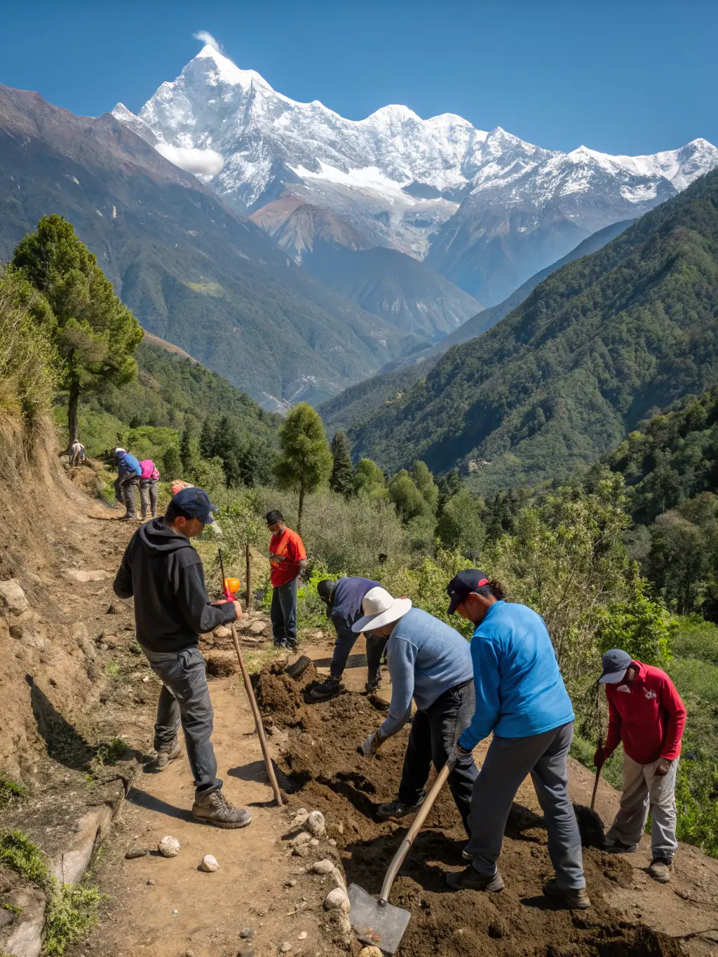 A diverse group of people participating in a trail maintenance activity, clearing debris and improving the path, highlighting the association's commitment to environmental stewardship.