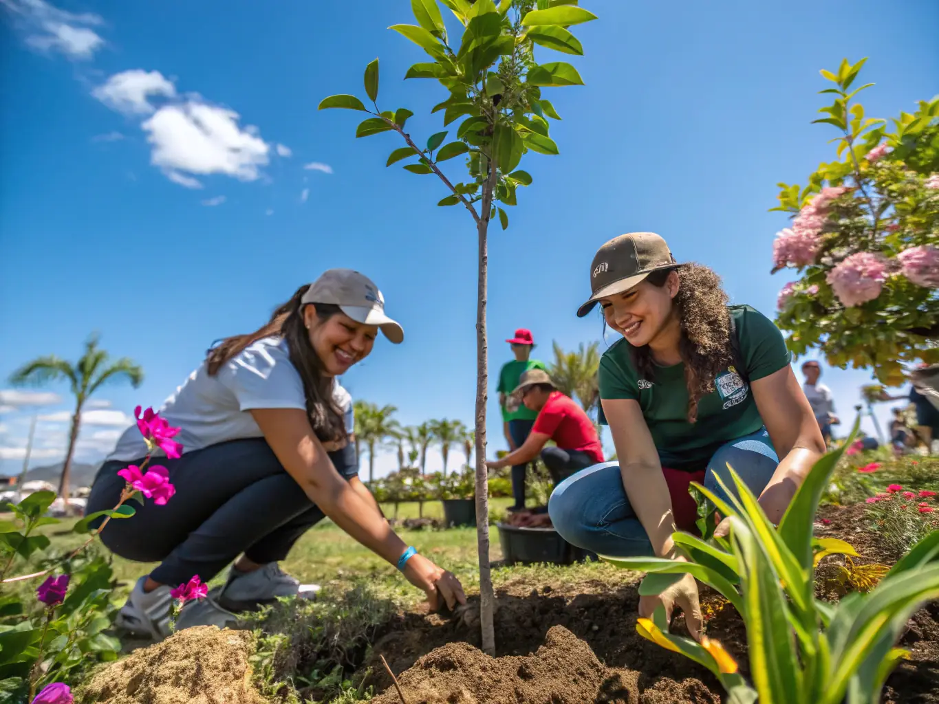 A diverse group of people participating in an environmental awareness workshop outdoors, planting trees and learning about sustainable practices, emphasizing the association's commitment to environmental stewardship.