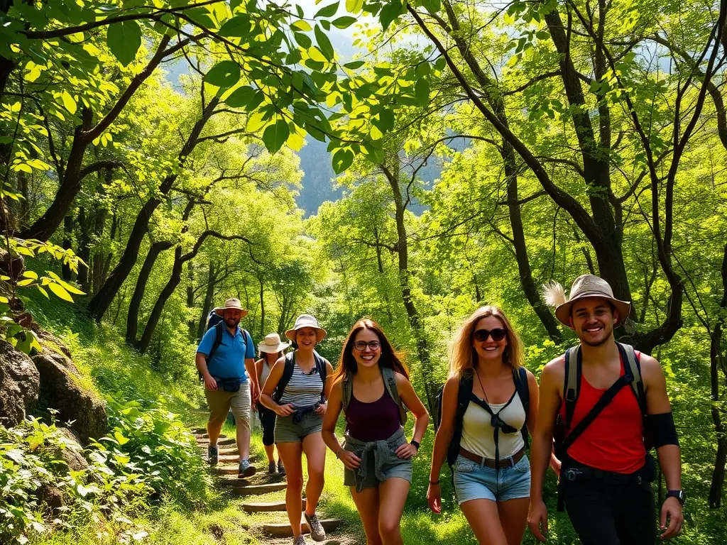 A diverse group of people of varying ages are laughing and helping each other as they hike up a gentle, green mountain trail on a sunny day. The image should convey a sense of community, support, and enjoyment of nature.